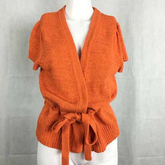 C'est City Cardigan Womens Sz L Orange Cotton Linen Knit Short Sleeve Sweater - Picture 2 of 7